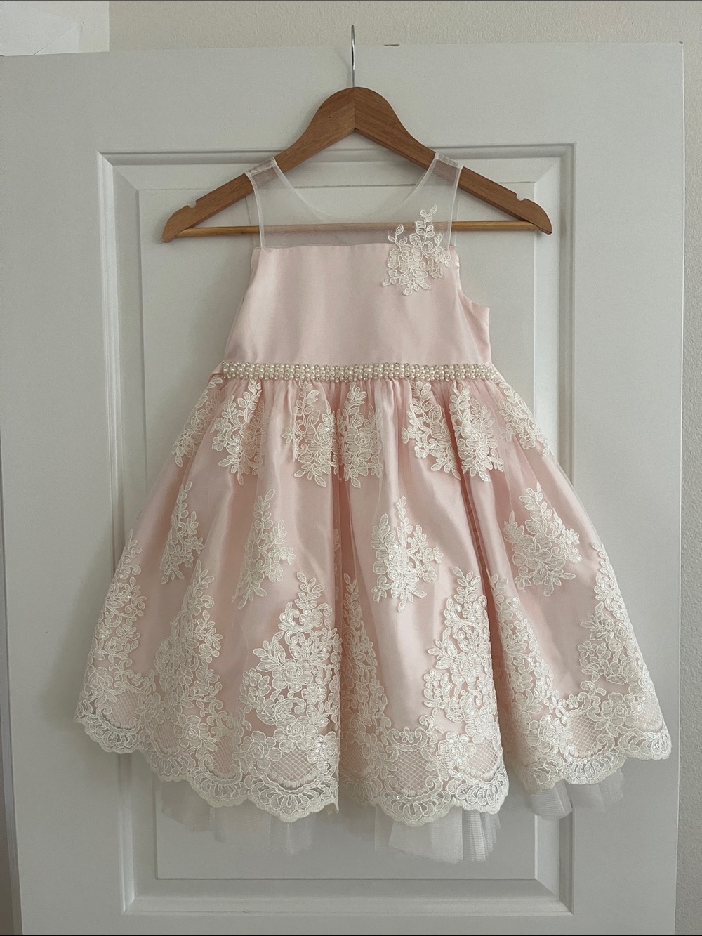 American Princess Blush Pink Lace Dress with Pearl Waistband Flower Girl Formal